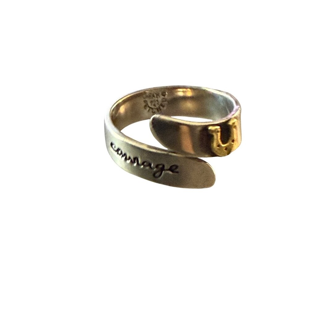 Sterling Silver "Courage" Far Fetched wrap Ring Gold-Tone Heart Accent Etched De - Picture 3 of 7